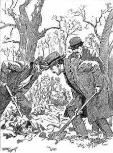 Illustration représentant l'excavation du corps tirée du récit L'introuvable assassin (Affaire Cadiou), éditions Tallandier