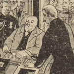 BD Le crime ne paie pas (France-Soir) sur l'affaire Cadiou. Case A4 montrant le ministre excluant des marchés l'usine de la Grande Palud. Texte de Paul Gordeaux, dessins de J.A. Carlotti
