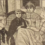 BD Le crime ne paie pas (France-Soir) sur l'affaire Cadiou. Case B1 montrant Mme Cadiou et ses deux enfants. Texte de Paul Gordeaux, dessins de J.A. Carlotti