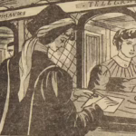 BD Le crime ne paie pas (France-Soir) sur l'affaire Cadiou. Case B2 montrant Mme Cadiou expédiant un télégramme. Texte de Paul Gordeaux, dessins de J.A. Carlotti