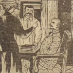BD Le crime ne paie pas (France-Soir) sur l'affaire Cadiou. Case B5 montrant le juge d'instruction recevant des témoins. Texte de Paul Gordeaux, dessins de J.A. Carlotti