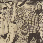 BD Le crime ne paie pas (France-Soir) sur l'affaire Cadiou. Case C5 montrant le transport du cadavre dans le bois. Texte de Paul Gordeaux, dessins de J.A. Carlotti