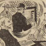 BD Le crime ne paie pas (France-Soir) sur l'affaire Cadiou. Case E1 montrant Louis Cadiou au guichet de la gare. Texte de Paul Gordeaux, dessins de J.A. Carlotti