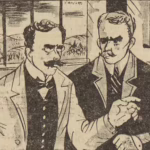BD Le crime ne paie pas (France-Soir) sur l'affaire Cadiou. Case E3 montrant une dispute entre l'ingénieur et l'usinier. Texte de Paul Gordeaux, dessins de J.A. Carlotti