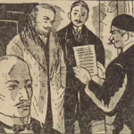 BD Le crime ne paie pas (France-Soir) sur l'affaire Cadiou. Case E5 montrant la lettre anonyme. Texte de Paul Gordeaux, dessins de J.A. Carlotti