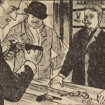 BD Le crime ne paie pas (France-Soir) sur l'affaire Cadiou. Case F1 montrant les enquêteurs chez l'armurier Marie. Texte de Paul Gordeaux, dessins de J.A. Carlotti