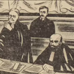 BD Le crime ne paie pas (France-Soir) sur l'affaire Cadiou. Case G3 montrant Louis Pierre et ses avocats au procès. Texte de Paul Gordeaux, dessins de J.A. Carlotti