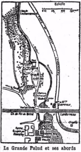 Croquis d'époque du plan de la Grande Palud à Landerneau, tiré du livre Les morts mystérieuses de Marcel Nadaud, 1926