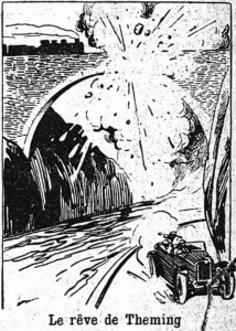 Illustration d'époque représentant l'explosion du pont de la Grande Palud, livre Les morts mystérieuses, Marcel Nadaud, 1926