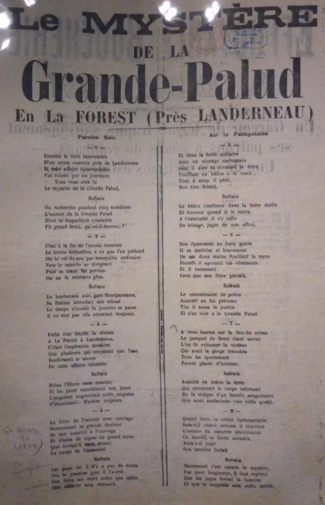 Photographie de la complainte criminelle originale sur l'affaire Cadiou de Saïk, intitulée Le Mystère de la Grande Palud en La Forest Landerneau