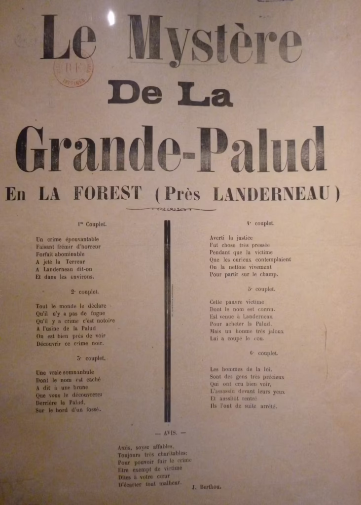 Photographie de la complainte criminelle originale sur l'affaire Cadiou de J. Berthou, intitulée Le Mystère de la Grande Palud en La Forest Landerneau