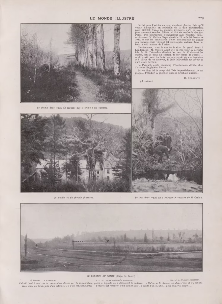 Pleine page du journal Le Monde Illustré consacrée à l'Affaire Cadiou : illustrations des lieux du crime à Landerneau et portraits des principaux protagonistes