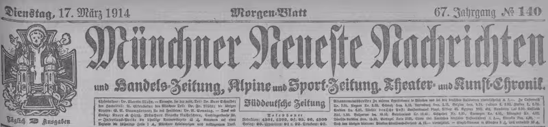 Manchette du journal Munchner Neueste Nachrichten, édition de mars 1914