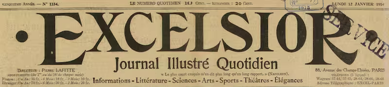 Manchette du journal Excelsior, édition de janvier 1914
