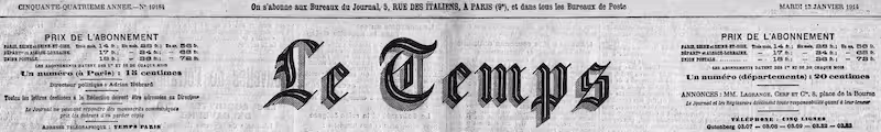 Manchette du journal Le Temps, édition de janvier 1914
