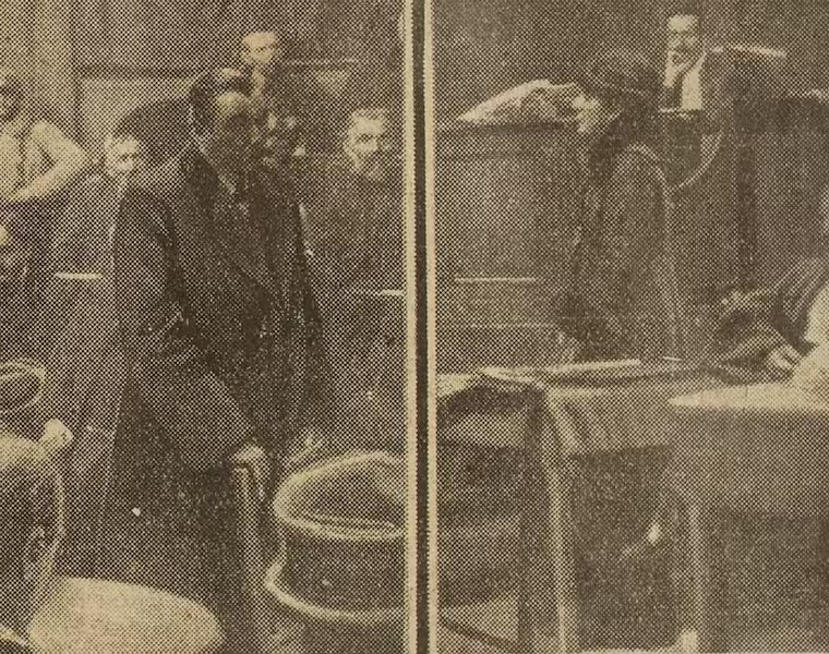 M. J-M. Cadiou et Mme Cadiou déposent
30 octobre 1919 Photographie de presse, Excelsior (octobre 1919) : Madame veuve Louis Cadiou et son beau-frère Jean-Marie Cadiou témoignant à la barre lors du procès aux Assises du Finistère à Quimper