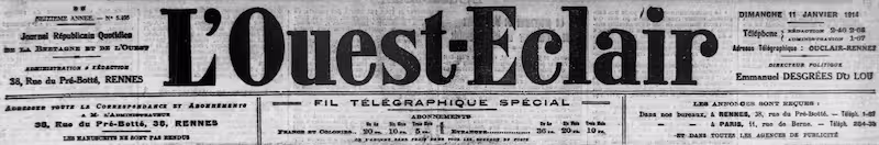Manchette du journal L'Ouest-Éclair, édition de janvier 1914