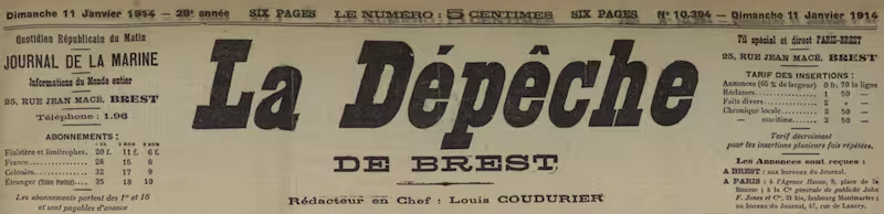 Manchette du journal La Dépêche de Brest, édition de janvier 1914