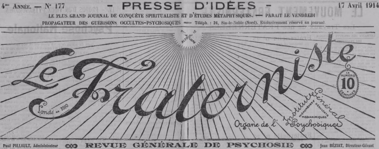 Manchette de la revue Le Fraterniste Revue Générale de Psychosie, édition de avril 1914