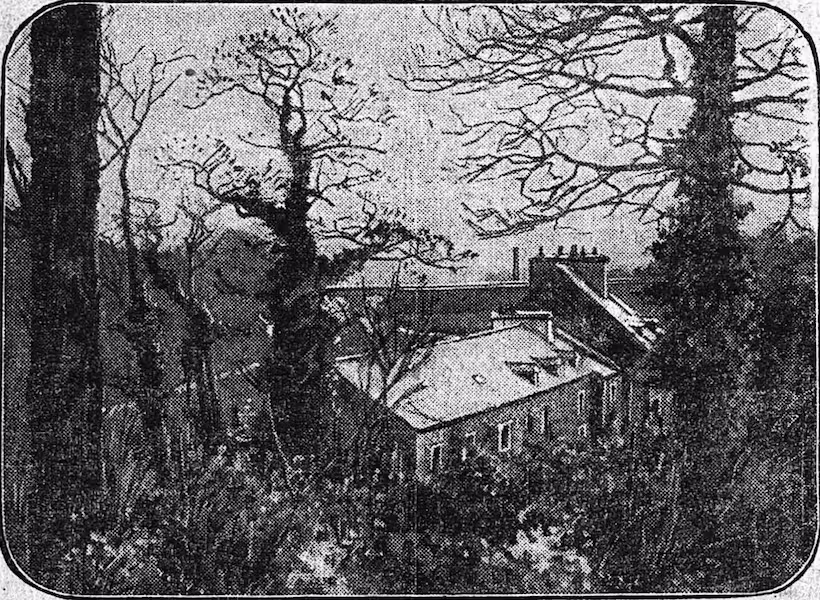 Au premier plan, le moulin, et au second, l'usine de la Grand'Palud, photographiés du chemin où M. Cadiou et l'ingénieur Pierre auraient été aperçus, d'après certains témoignages le 30 décembre
26 mars 1914 Photographie de presse, Le Matin (mars 1914) : vue du moulin au premier plan et de l'usine de la Grande Palud au second plan, depuis le chemin où Louis Cadiou et l'ingénieur Louis Pierre auraient été aperçus