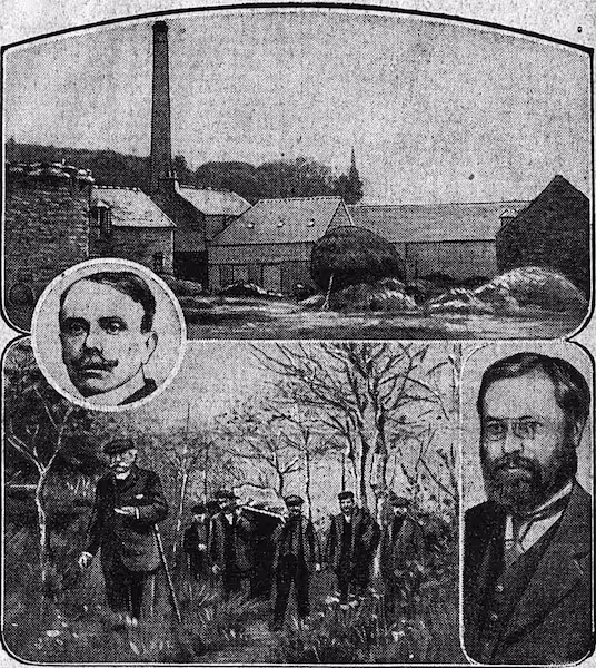 En haut : l'usine de la Grand'Palud. En bas : le transport du corps de M. Cadiou, de l'endroit où il fut trouvé à l'usine. Dans le médaillon : M. Cadiou. En bas et à droite : M. Pierre
26 octobre 1919 Photographie de presse, Le Matin (novembre 1919) : composition montrant l'usine de la Grande Palud, le transport du corps de Louis Cadiou et, en médaillons, les portraits de Louis Cadiou et de l'ingénieur Louis Pierre