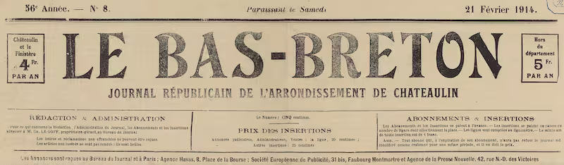 Manchette du journal Le Bas-Breton, édition de février 1914