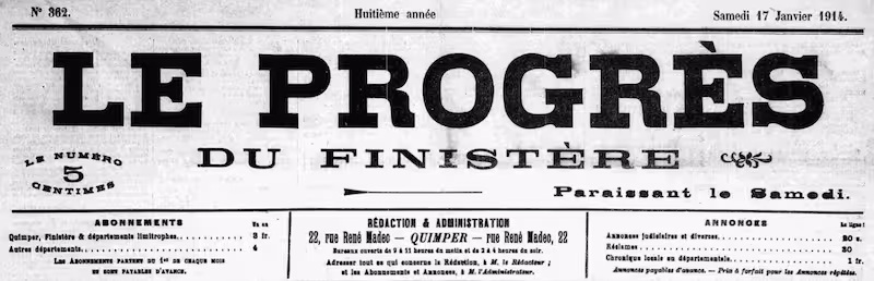 Manchette du journal Le Progrès du Finistère, édition de janvier 1914
