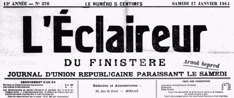 Manchette du journal L'Éclaireur du Finistère, édition de janvier 1914