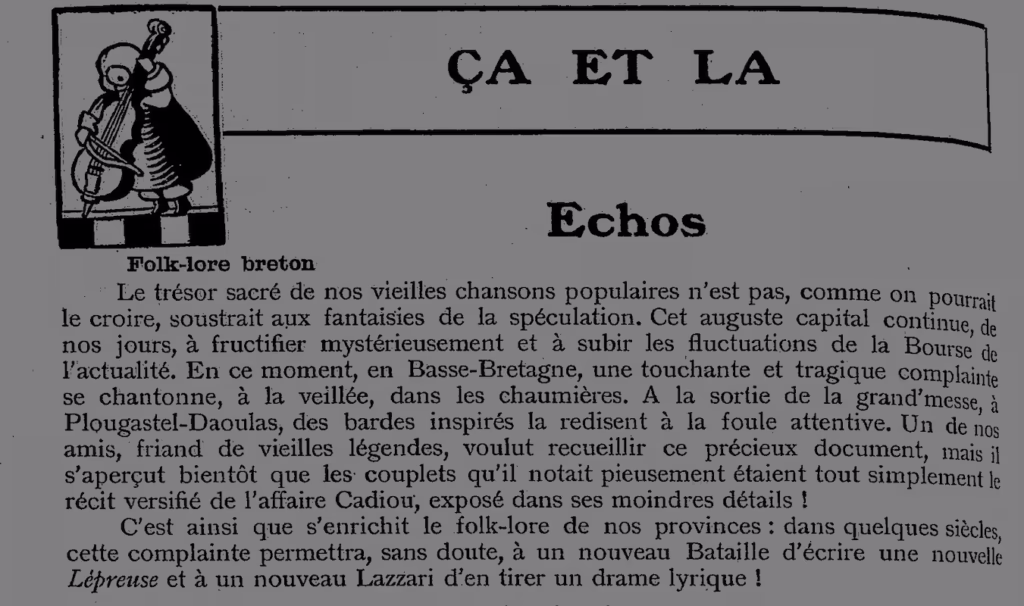 Anecdote dans la revue Société Musicale Indépendante sur le recueil de complaintes (Gwerziou) en langue bretonne concernant l'Affaire Cadiou
