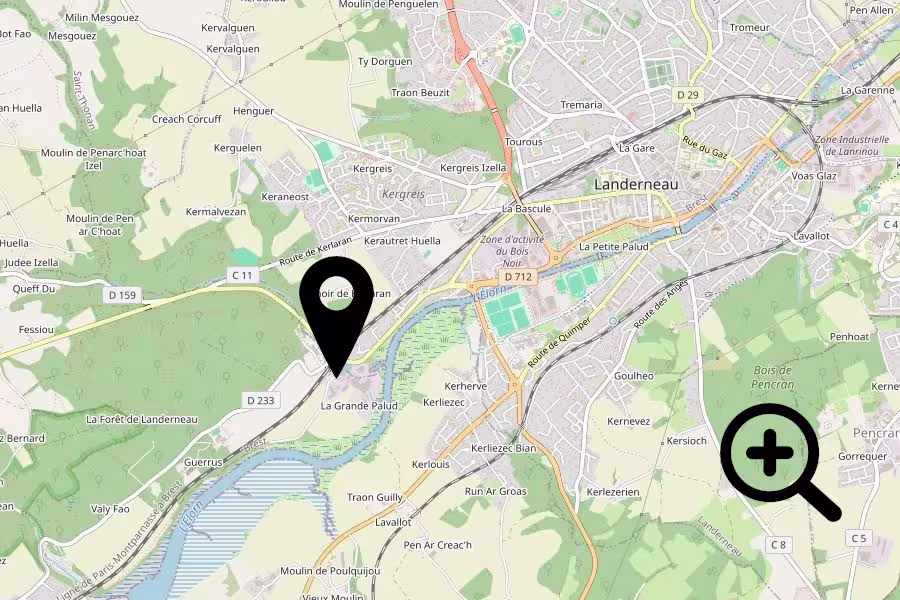 Plan de la ville de Landerneau centré sur la Grande Palud