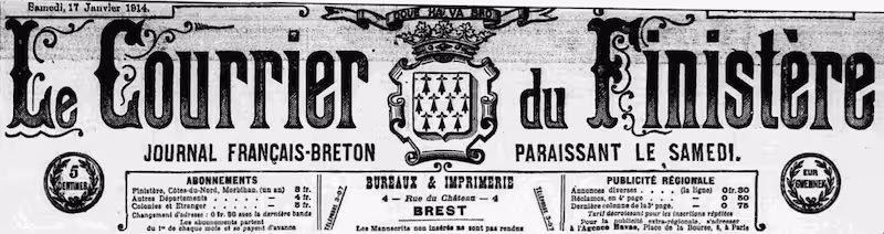 Manchette du journal Le Courrier du Finistère, édition de janvier 1914