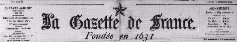Manchette du journal La Gazette de France, édition de janvier 1914