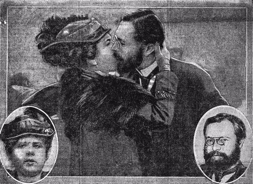 Mme Pierre embrassant son fils à sa sortie de prison. Dans les médaillons : Mme Pierre ; l'ingénieur Louis Pierre dont la barbe eut le temps de pousser en prison Photographie de presse, Le Matin (mai 1914) : Mme Pierre embrassant son fils l'ingénieur Pierre à sa sortie de prison à Brest