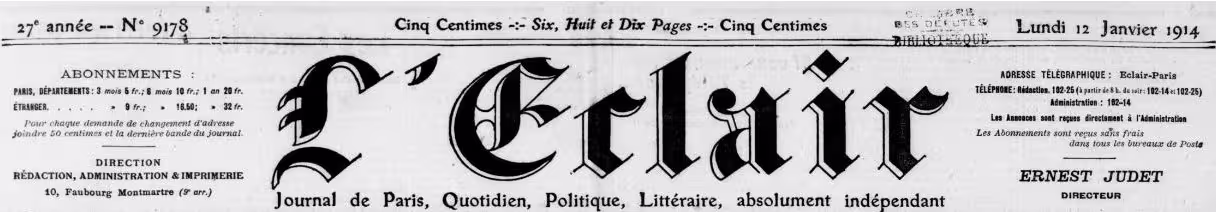 Manchette du journal L'Eclair, édition de février 1914