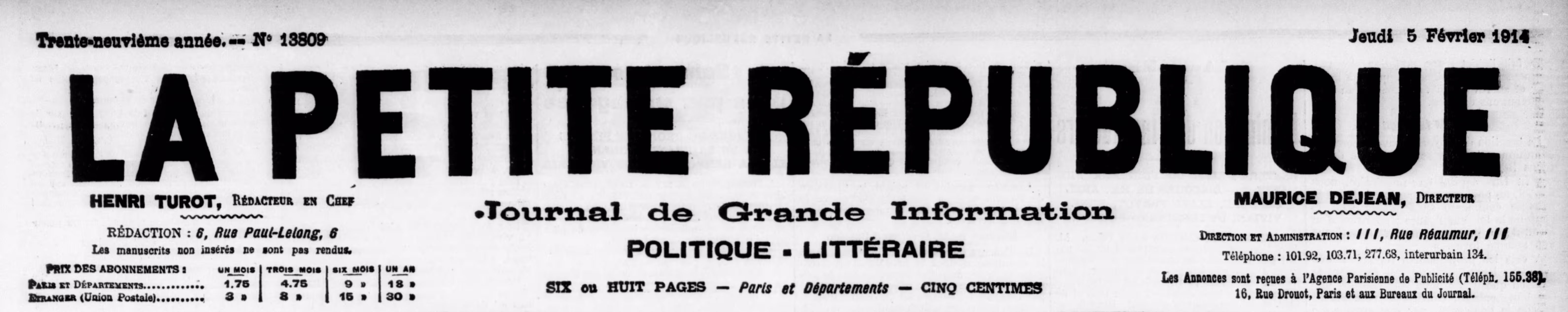 Manchette du journal La Petite République, édition de février 1914