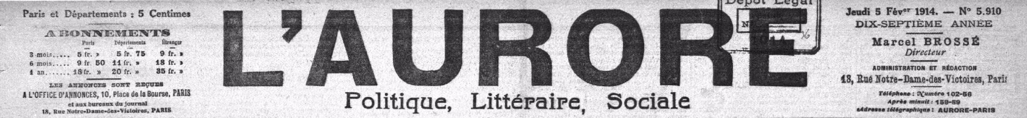 Manchette du journal L'Aurore, édition de février 1914