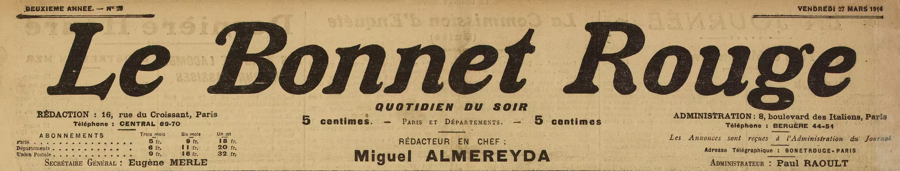 Manchette du journal Le Bonnet Rouge, édition de mars 1914