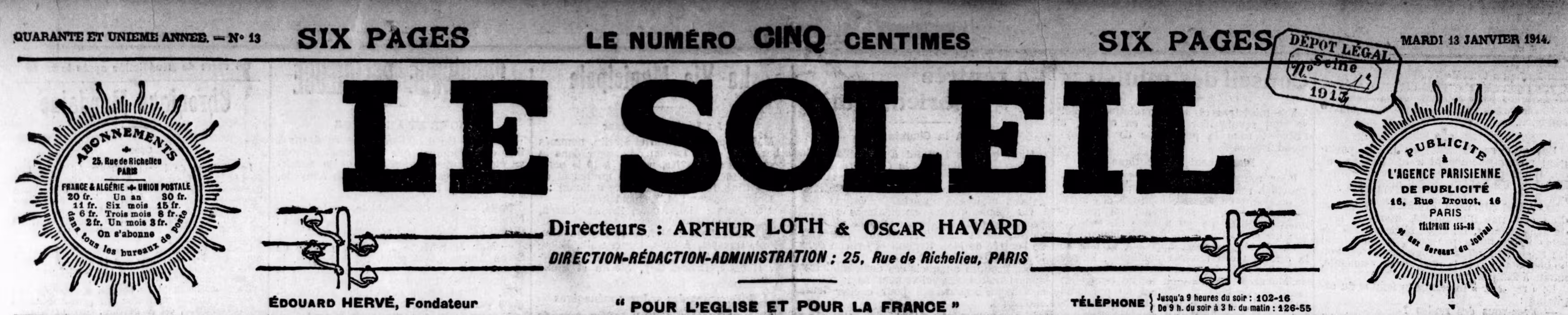 Manchette du journal Le Soleil, édition de janvier 1914