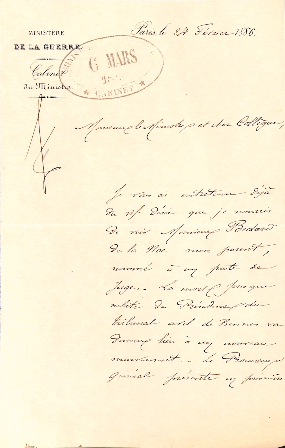 Lettre du Général BOULANGER - Ministre de la Guerre - 24 février 1886