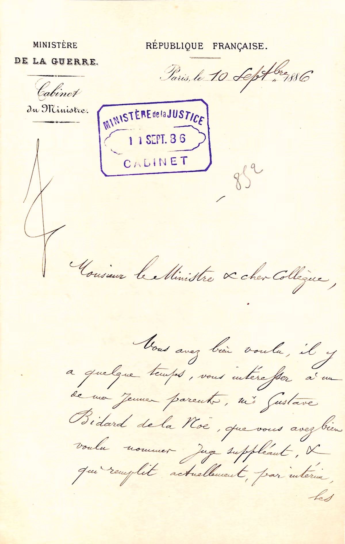 Lettre du Général BOULANGER - Ministre de la Guerre - 10 septembre 1886