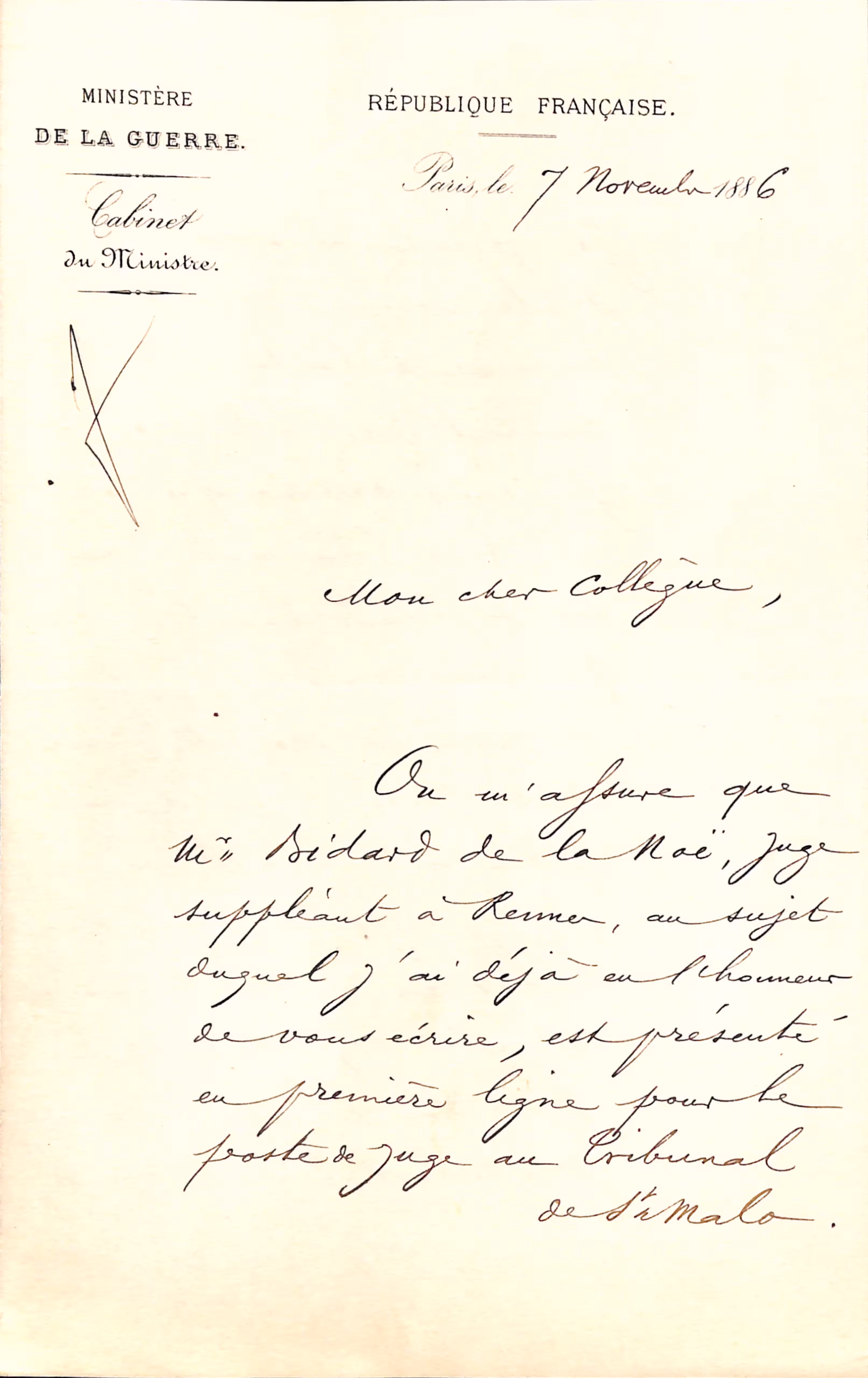 Lettre du Général BOULANGER - Ministre de la Guerre - 7 novembre 1886