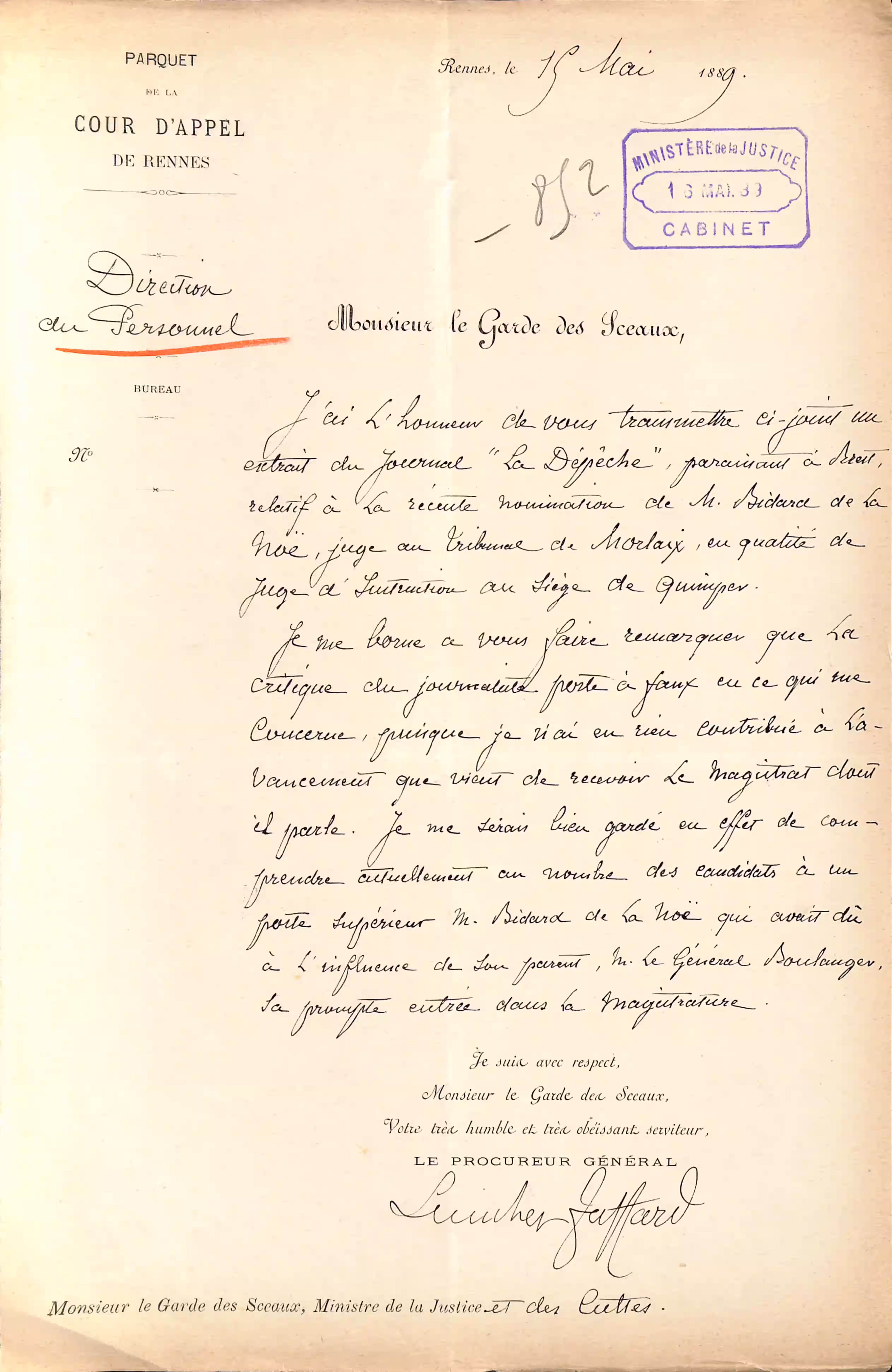 Lettre du procureur général au Garde des Sceaux suite à la nomination de BIDARD de la NOE à Quimper