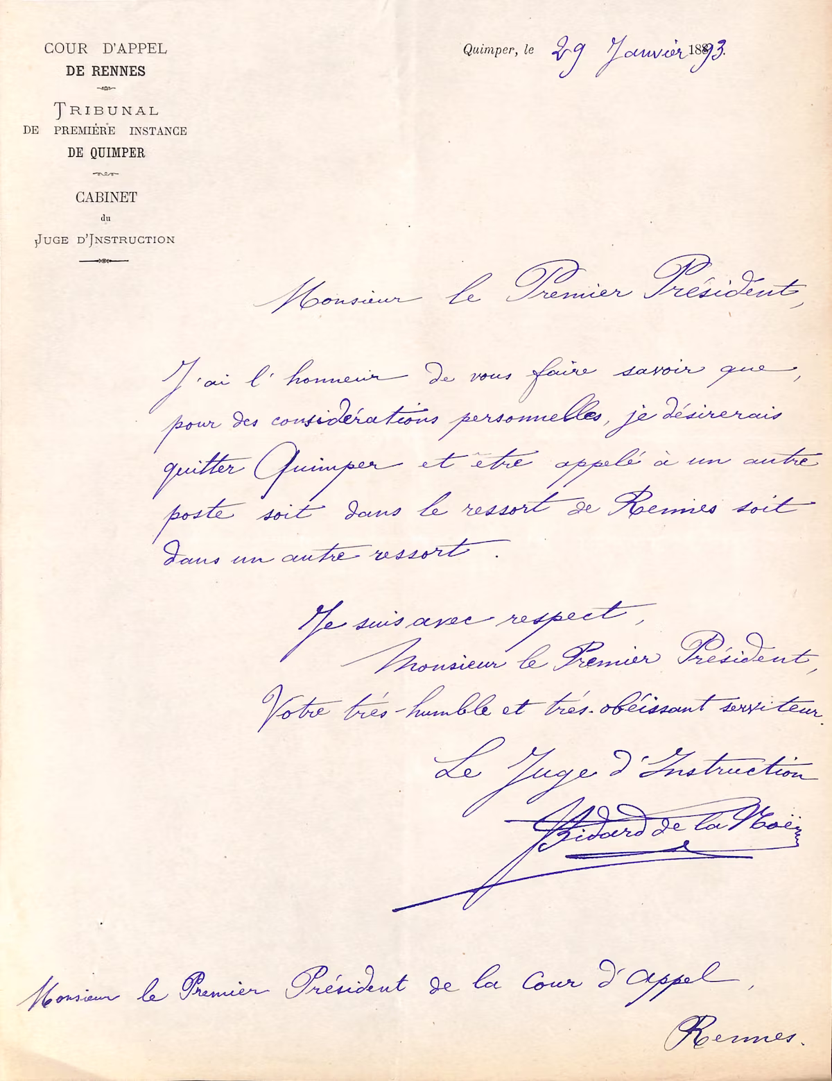 Lettre de demande de départ du parquet de Quimper - BIDARD de la NOE - 29 janvier 1893
