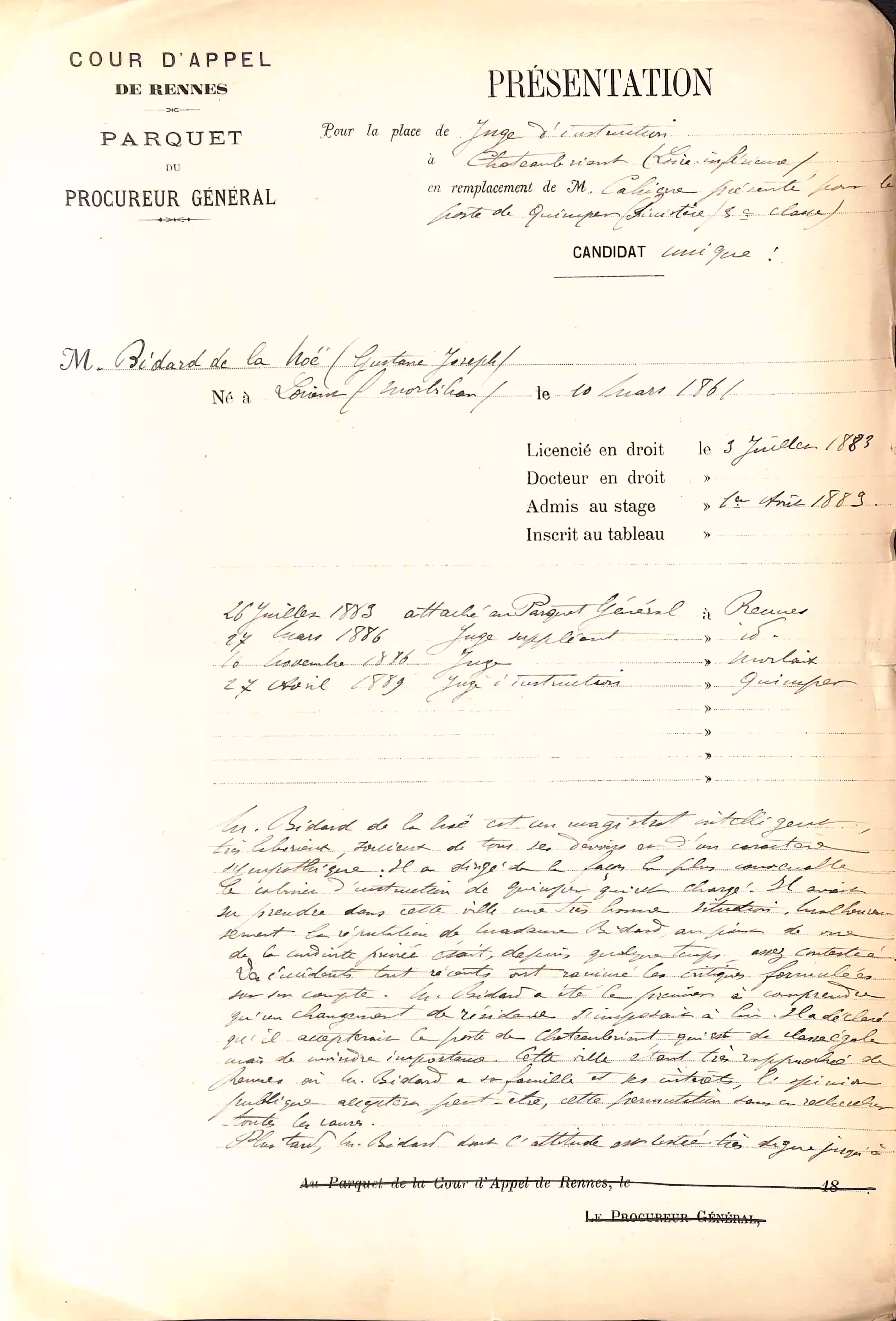 Présentation du juge BIDARD de la NOE pour la permutation et justification des motifs de son départ (incidents avec son épouse) - 30 janvier 1893