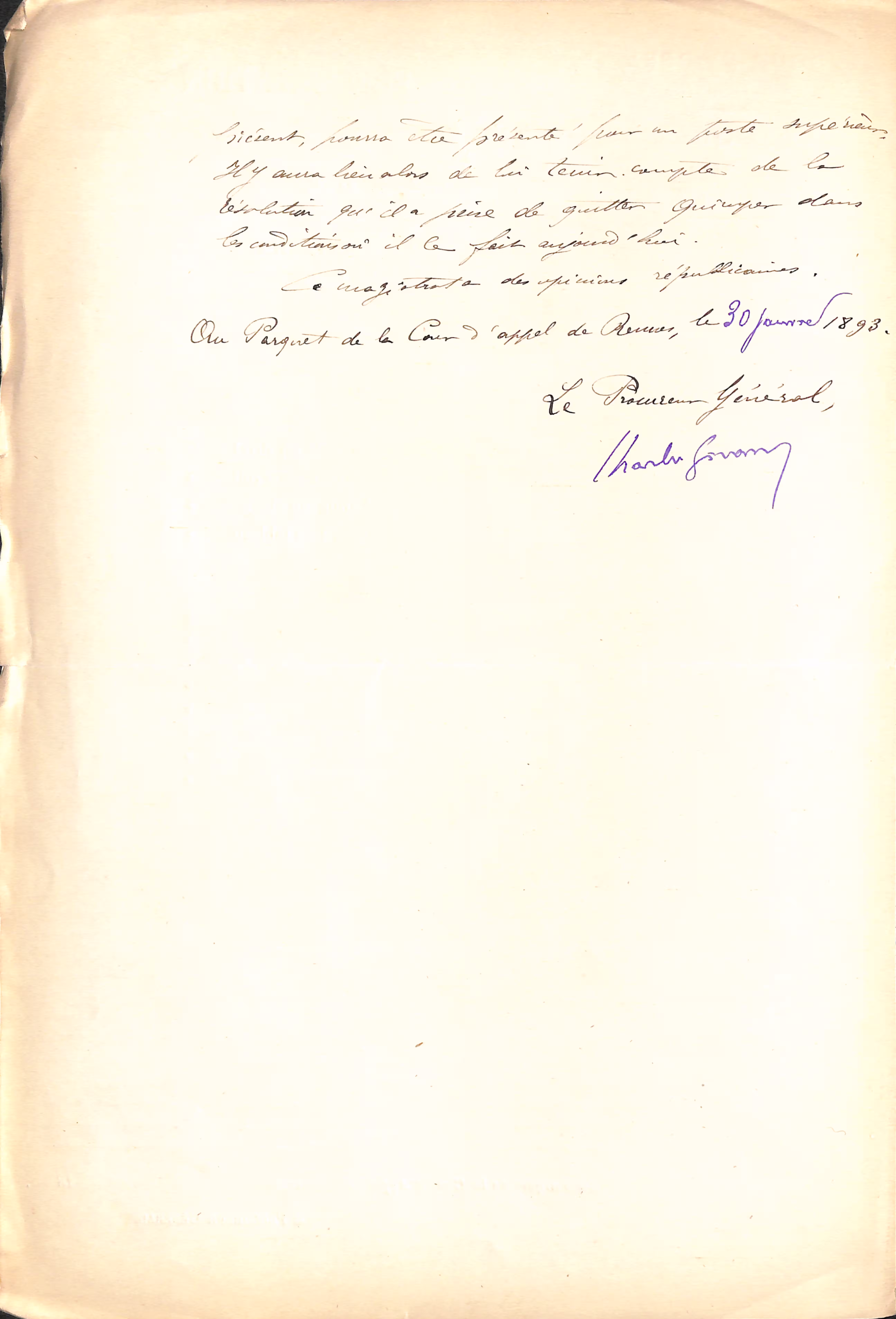 Présentation du juge BIDARD de la NOE pour la permutation et justification des motifs de son départ (incidents avec son épouse) - 30 janvier 1893 - Procureur Général
