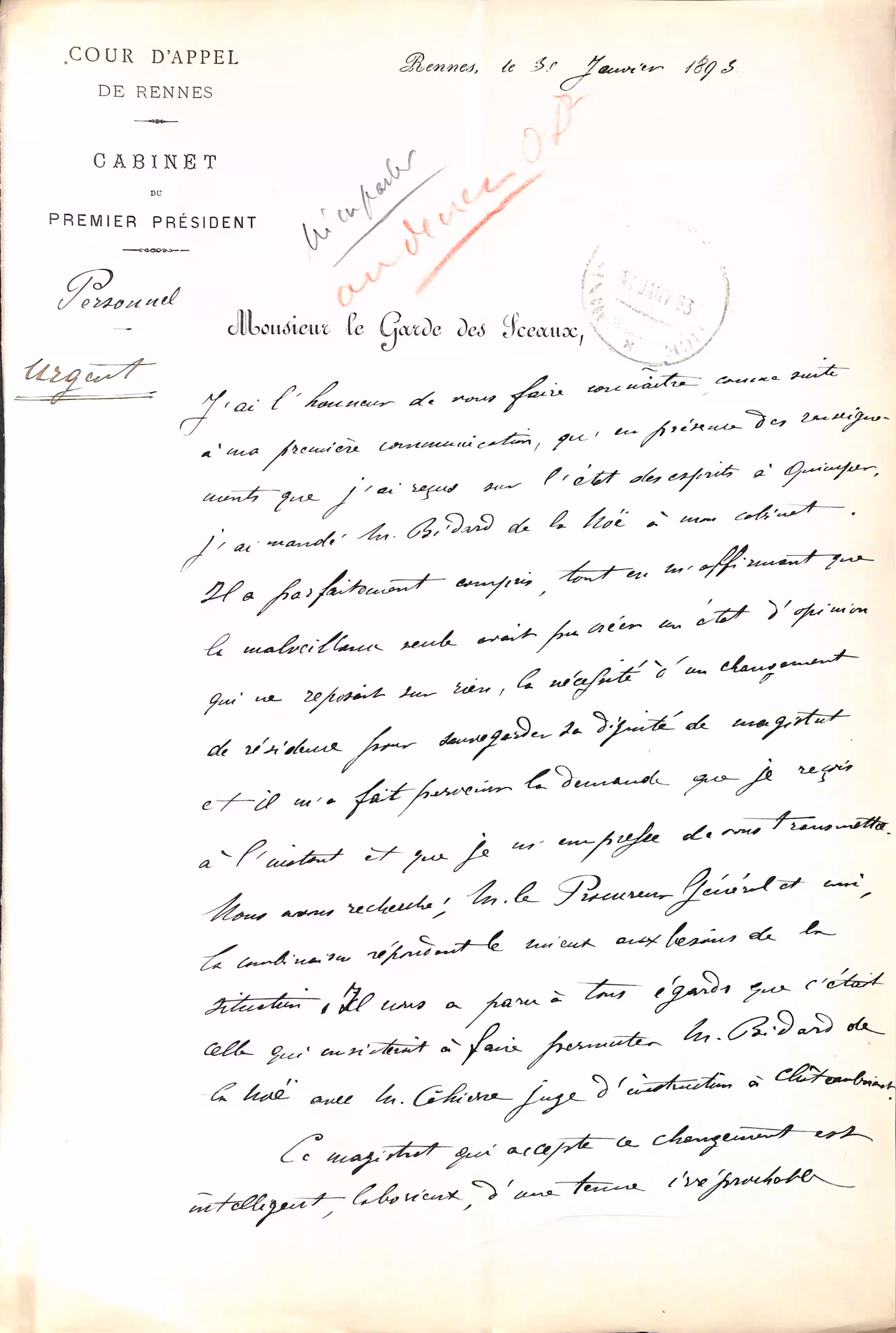 Lettre du premier président au Garde des Sceaux pour le départ de BIDARD de la NOE de Quimper - 30 janvier 1893