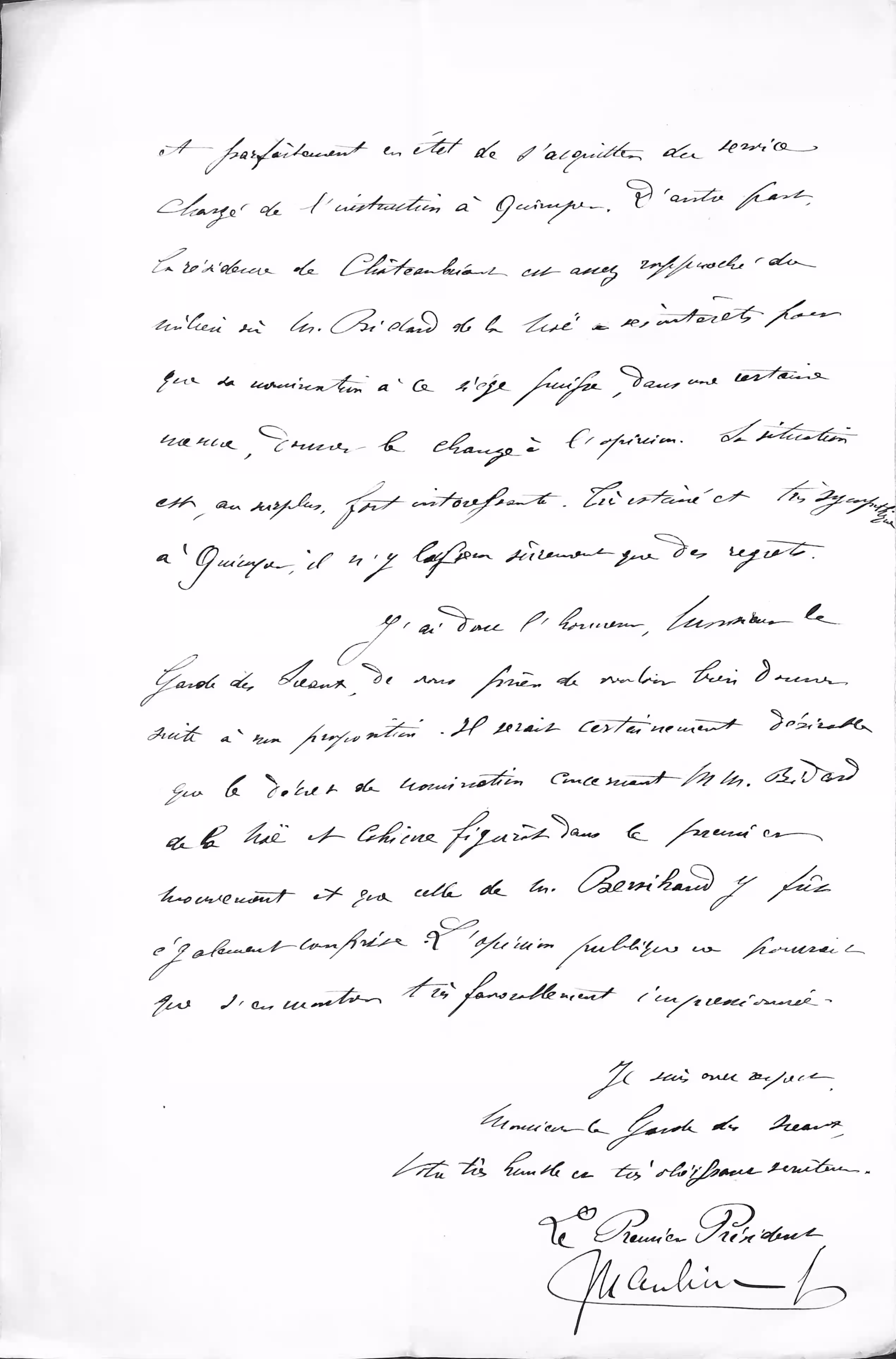 Lettre du premier président au Garde des Sceaux pour le départ de BIDARD de la NOE de Quimper - 30 janvier 1893