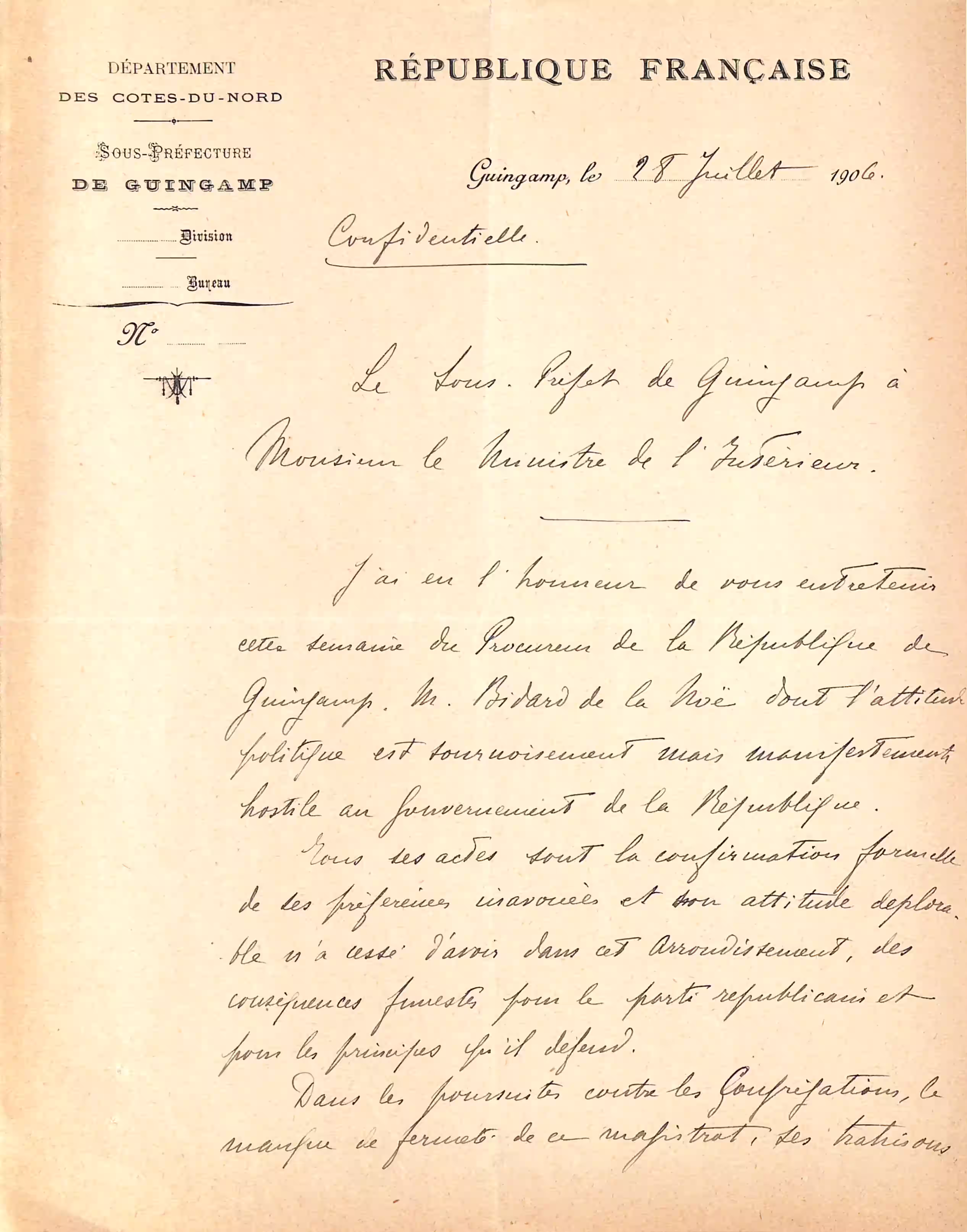 Lettre du sous-préfet de Guingamp au ministre de l'Intérieur pour demander le départ du juge BIDARD de la NOE 28 juillet 1906