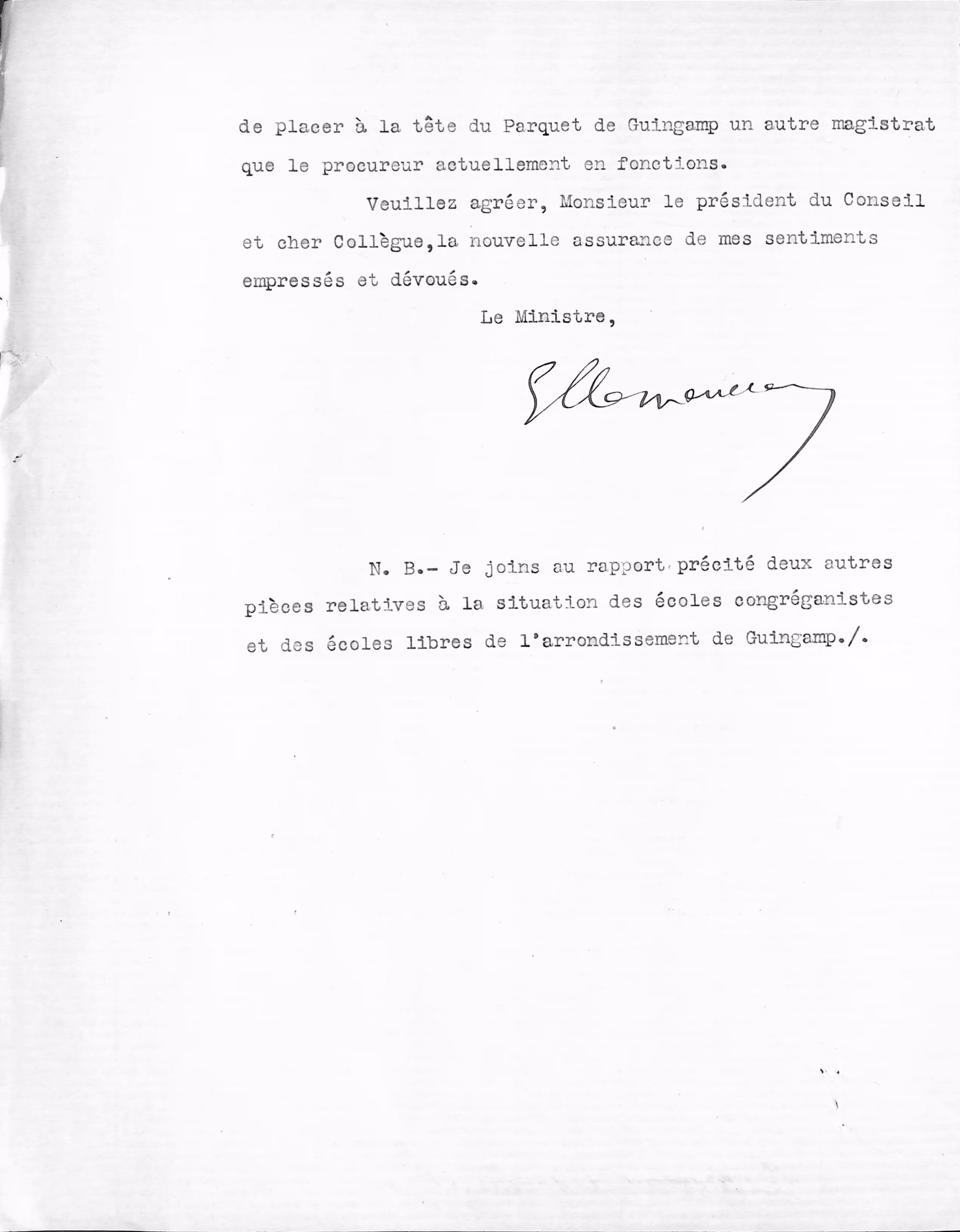 Lettre de Georges CLEMENCEAU, ministre de l'Intérieur, demandant le remplacement du juge BIDARD de la NOE - 1er août 1906